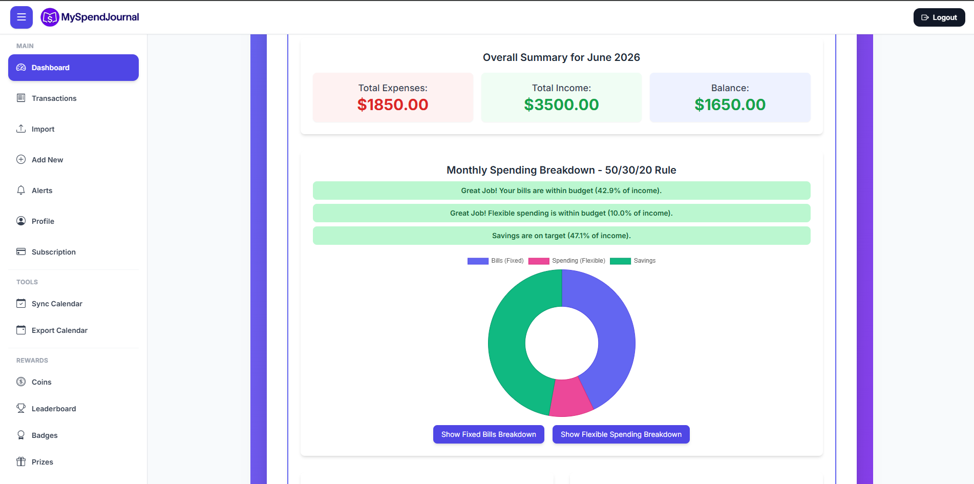 MySpendJournal Dashboard