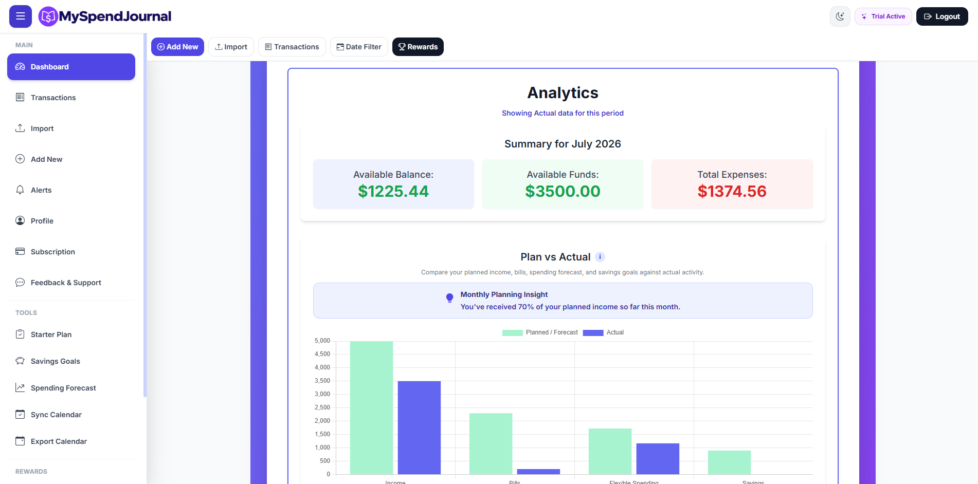 MySpendJournal financial dashboard