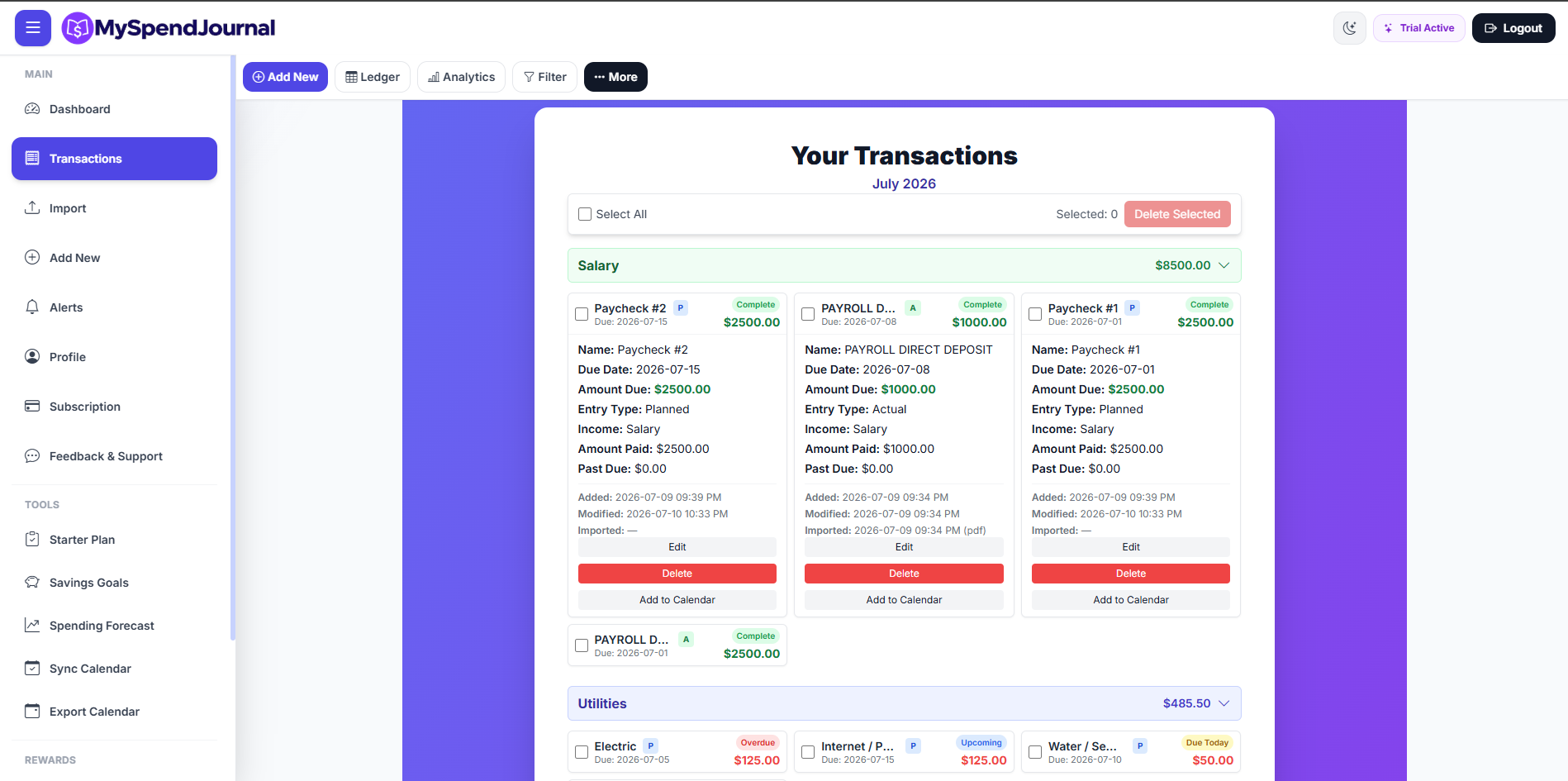 MySpendJournal planned and actual transactions