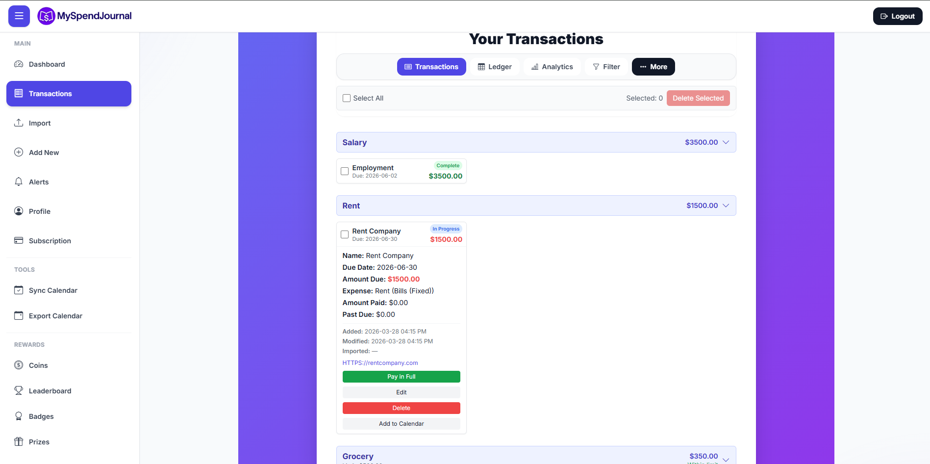 MySpendJournal Transactions